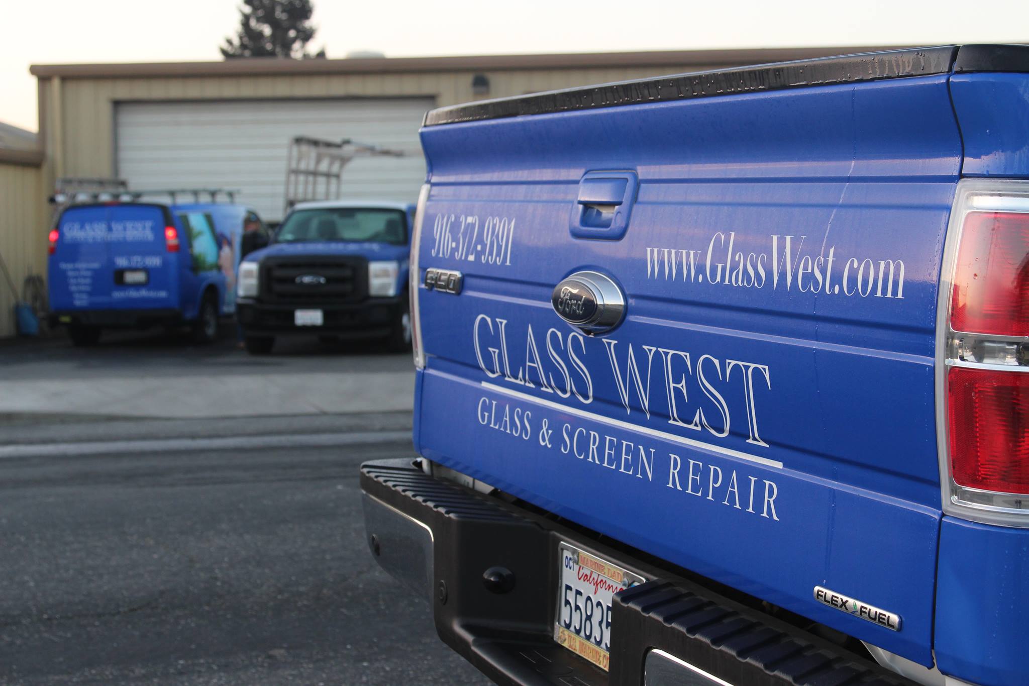 Glass West Inc. branded truck fleet at the Sacramento shop