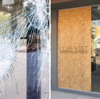 Before and after: shattered storefront boarded up by Glass West