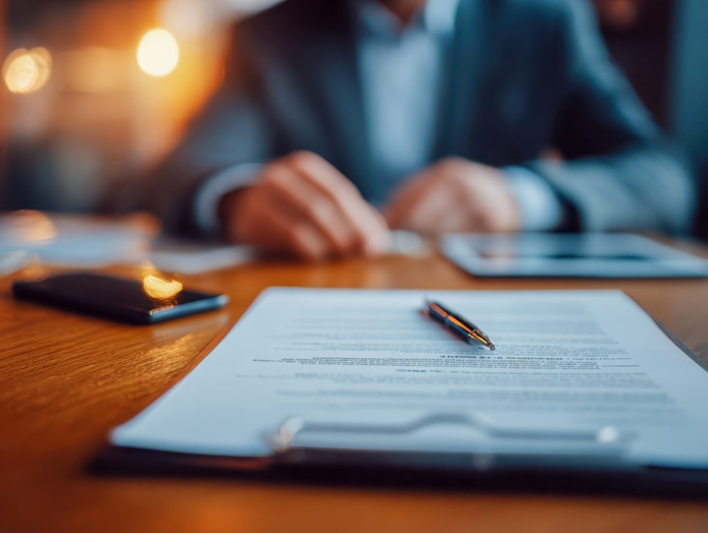 A professional reviewing legal documents at a desk during a client meeting